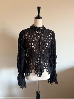 Black Crochet Lace Long-Sleeve Blouse